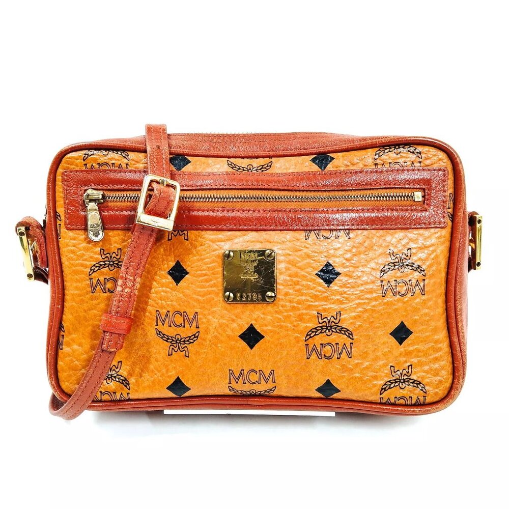 MCM Visetos Small Heritage Line Camera Crossbody Bag - Cognac